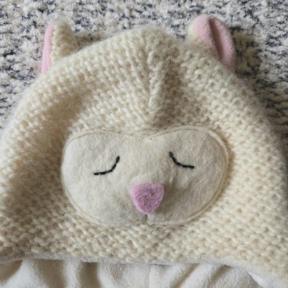 Handmade Cream & Pink Wool Bunny Ear Knit Hat with Embroidery Details